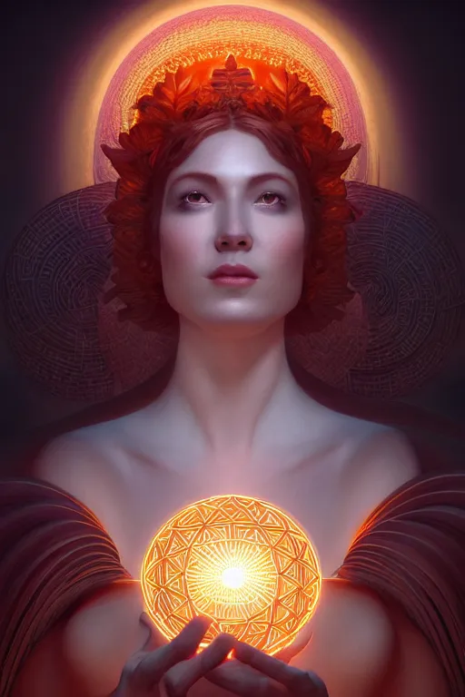 Prompt: a centered render of a goddess emitting a glorious geometric energy is surrounded by spiral mandel bulb fractals, powerful, cinematic, beautifully lit, by artgerm, by karol bak, 3 d, trending on artstation, octane render, 8 k