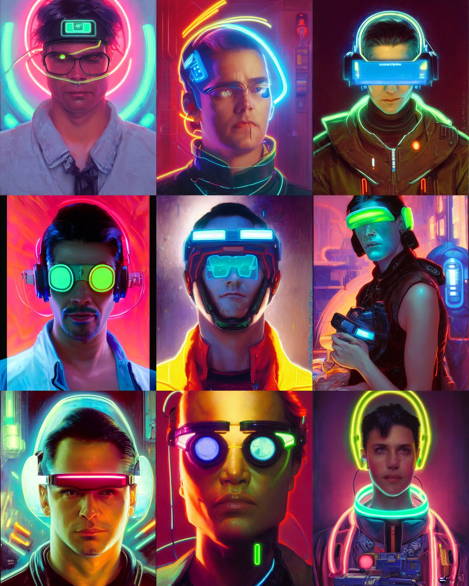 Prompt: neon cyberpunk hacker with glowing geordi visor and headset headshot portrait painting by donato giancola, kilian eng, rhads, hayao miyazaki, alphonse mucha, mead schaeffer fashion photography