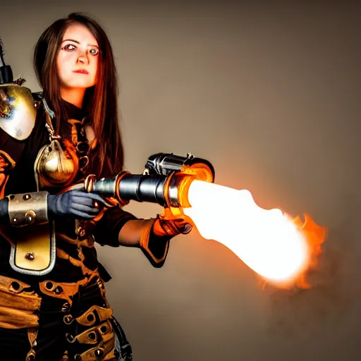 Prompt: photo of a female steampunk warrior with a flamethrower