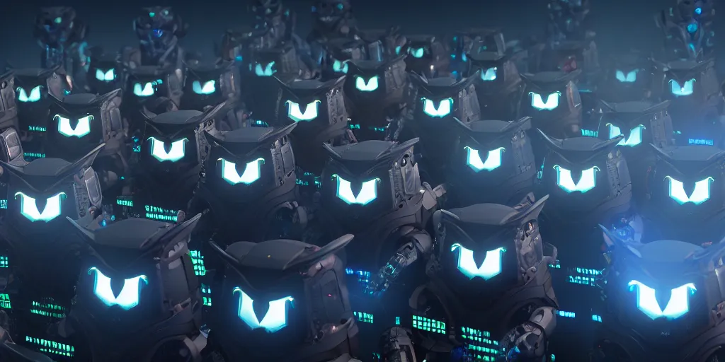 Image similar to an army of evil, malevolent, robot mechincal owls surrounded by computers and computer screens. this 4 k hd image is trending on artstation, featured on behance, well - rendered, extra crisp, features intricate detail and the style of unreal engine. volumetric lighting