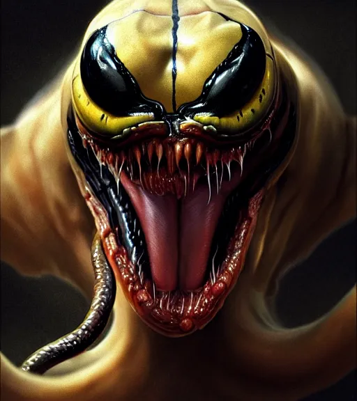 Image similar to portrait of a venom with heightened detail, poised, intense emotion, detailed facial expression, detailed surroundings, intricate, elegant, highly detailed, centered, digital painting, artstation, concept art, smooth, sharp focus, illustration, by ( leonardo da vinci ), wlop