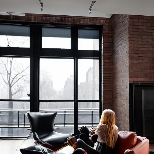 Image similar to modern loft overlooking central park in winter, snowing, fireplace roaring, woman sitting in modern leather chair looking out the window, warm lighting, blizzard outside, nyc