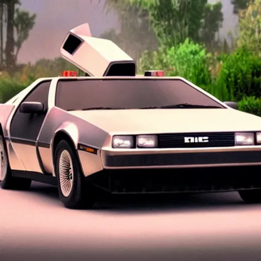 Prompt: DeLorean DMC-12 as a character in Cars (2006), Pixar animation, sentient car