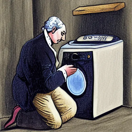 Image similar to george washington washing his clothes next door washing machine digital painting art