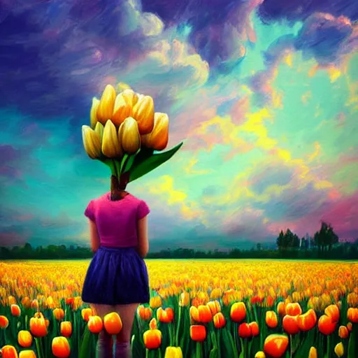 Image similar to girl with singular giant tulip as a head, surreal photography, flower field, sunset dramatic light, impressionist painting, colorful clouds, blue sky, digital painting, artstation, simon stalenhag