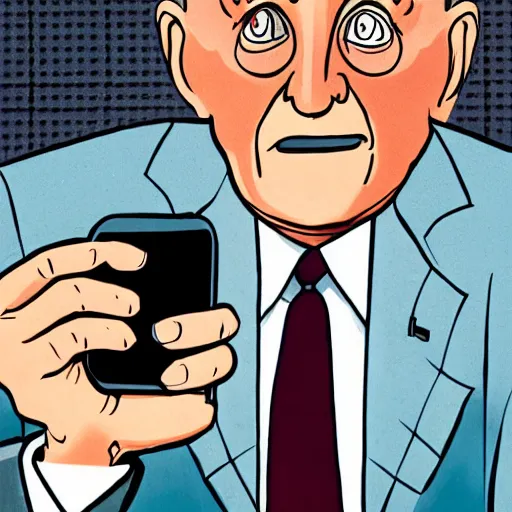 Image similar to close - up portrait of rudy giuliani showing how cell phone, by chris ware