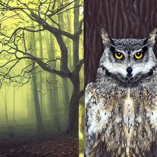 Image similar to mixture between an! owl and wolf, captured in a forest