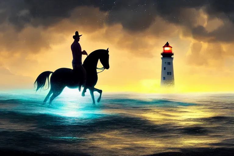 Image similar to photo of man riding a horse along the beach, glowing underwater waves toward a lighthouse in the distance guiding his way, silhouette, wide horizon, large white clouds, night, intricate, elegant, highly detailed, digital painting, artstation, concept art, smooth, sharp focus, illustration, art by artgerm and greg rutkowski and fra angelico