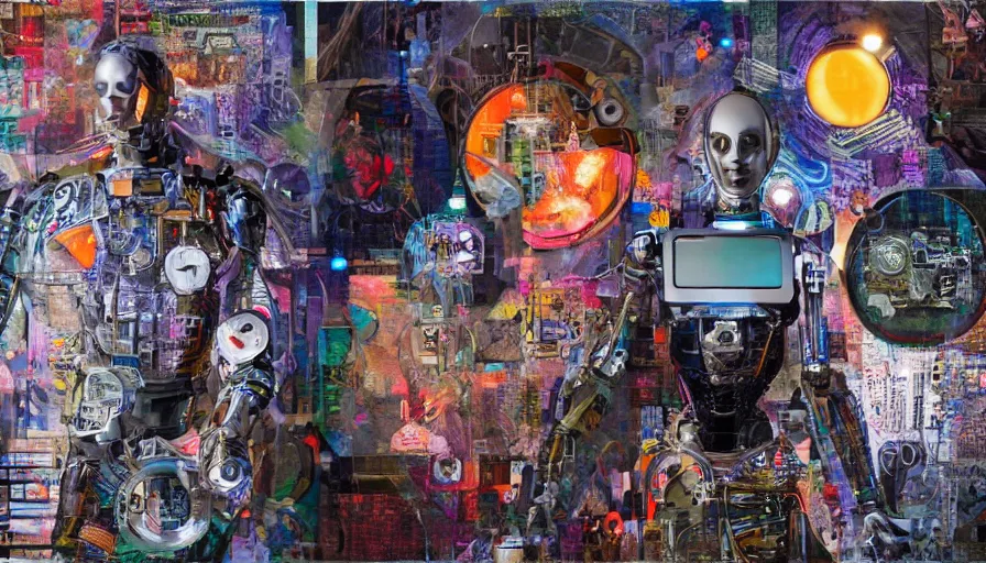 Prompt: portrait of robots working, collage art, mixed media, enchanting, dramatic lighting, highly detailed, 8k, vibrant