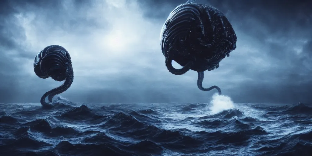 Prompt: gargantuan lovecraftian alien in the dark, timid, humidly horrific sky, floating atop a tumultuous ocean, dark blue atmosphere, vignette, beautiful lighting, shot by h. r. giger, trending on artstation, cgsociety contest winner, 4 k, 8 k