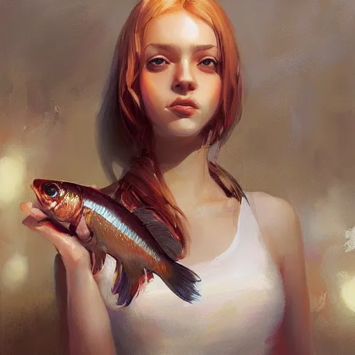 Image similar to a fish covered in chocolate syrup. soft, atmospheric, warm lighting. highly detailed digital painting by mandy jurgens.