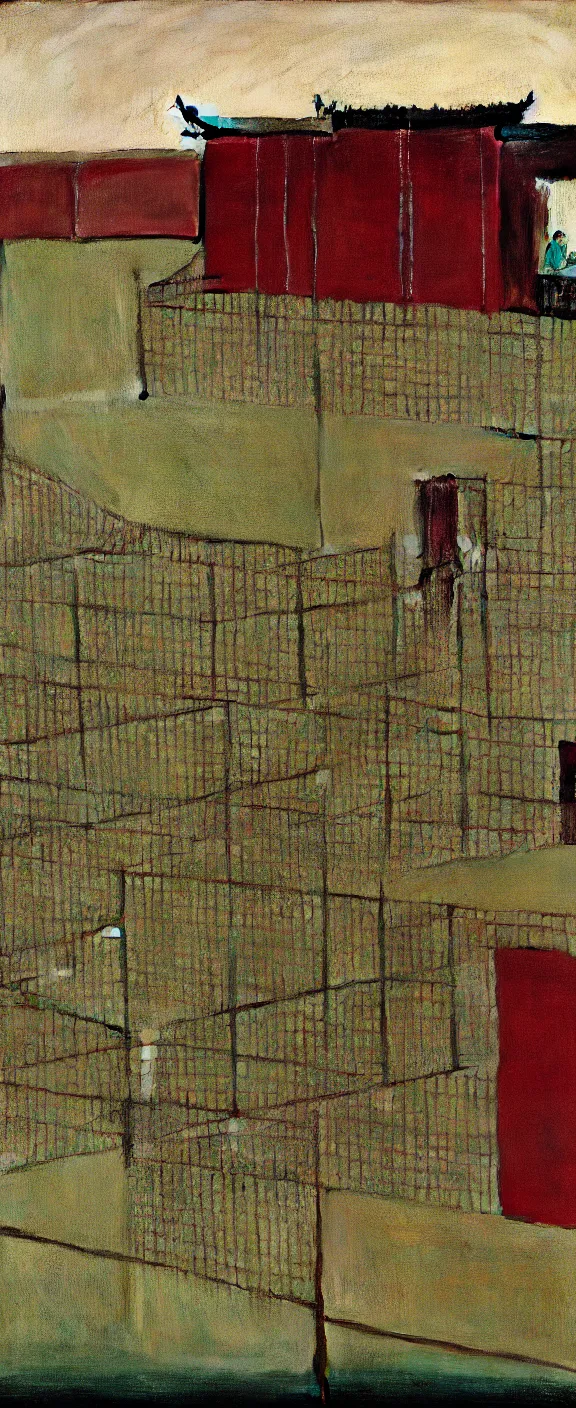 Image similar to a chinese prison near a river by peter doig, muted colors