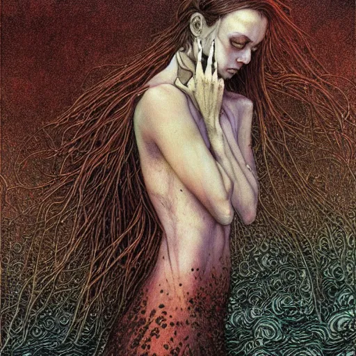 Prompt: liliana vess, fully clothed, highly detailed, masterpiece, illustrated, art by beksinski and rebecca guay