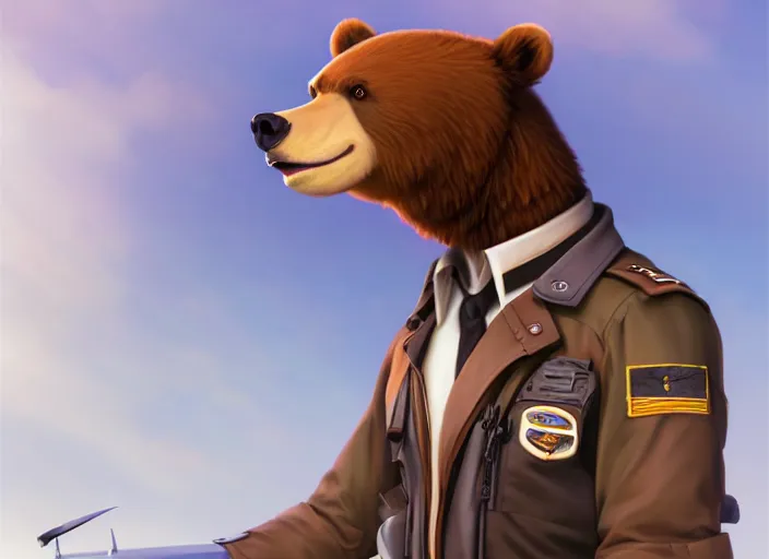 Image similar to character portrait feature of the anthro male anthropomorphic kamchatka brown bear fursona wearing airline pilot outfit uniform professional pilot for the us air force character design stylized by charlie bowater, ross tran, artgerm, and makoto shinkai, detailed, soft lighting, rendered in octane, maldives in background