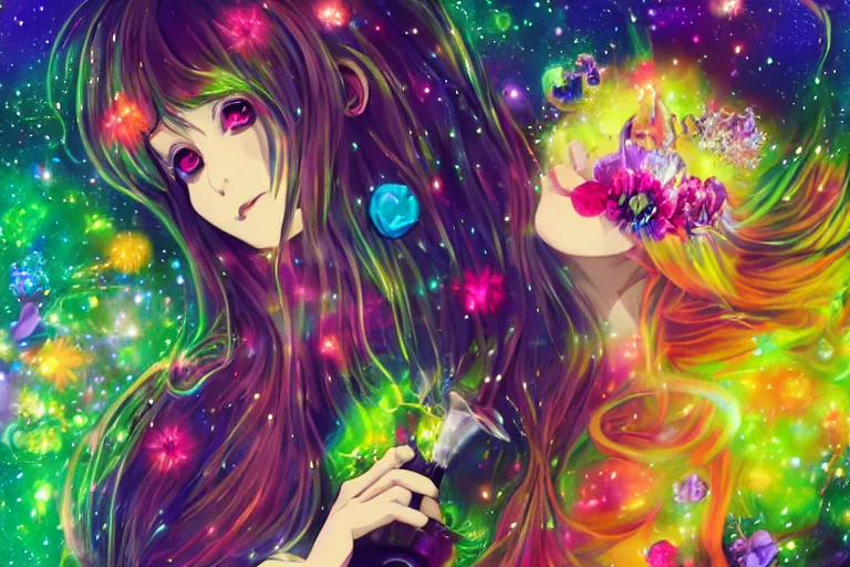 Image similar to psychedelic, full body picture, whimsical, anime, 4k, beautiful lusty woman smoking a bong, with professional makeup, long trippy hair, a crystal and flower dress, sitting in a reflective pool, surrounded by gems, underneath the stars, rainbow fireflies, trending on patreon, deviantart, twitter, artstation, volumetric lighting, heavy contrast, art style of Ross Tran and Miho Hirano and Ilya Kuvshinov