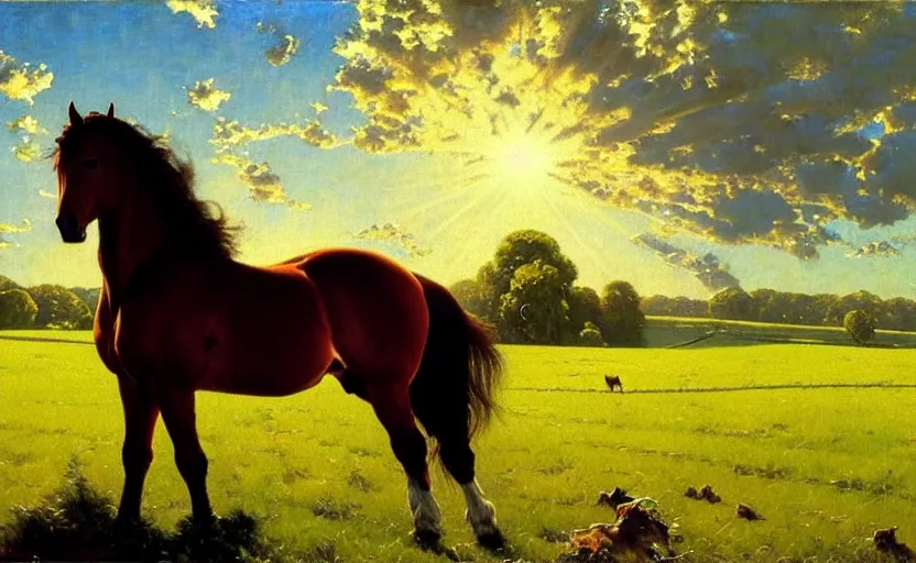 Image similar to a masterpiece oil painting of a horse backlit in a pasture. ultra wide angle, fantasy art, norman rockwell, alex ross, heroic lighting, romance novel cover, very very very beautiful raytraced rendering