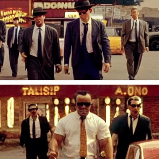 Image similar to six thugs, who are strangers to each other, are hired by a crime boss, joe cabot, to carry out a diamond robbery, cinematic light, movie scene, reservoir dogs, tarantino