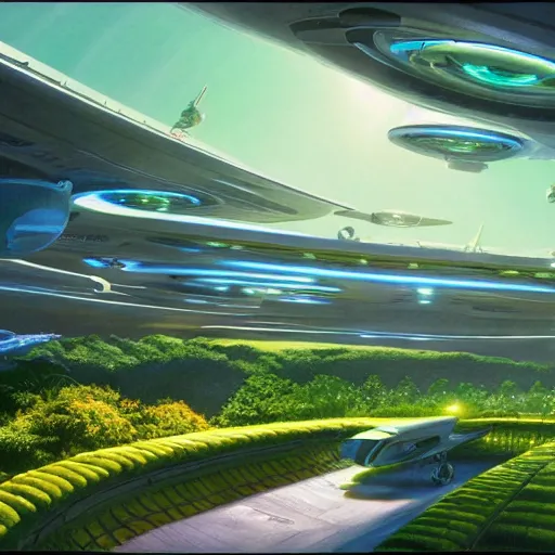 Image similar to beautiful matte painting of green gardens with roads on a futuristic sci-fi space station, cinematic angle, cinematic lighting, blue sky, by Syd Mead, John Harris, Federico Pelat