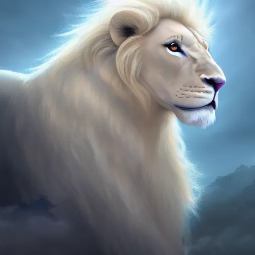 Prompt: a beautfiul aesthetic commission portrait of a anthro albino lion looking at the sky worried,attractive beautiful face,detailes face,expression,natural lighting,fantasy art,deviantart,artstation,character design by charles bowater,ross tran,4k,photorealistic,heaven-like,greg rutkowski