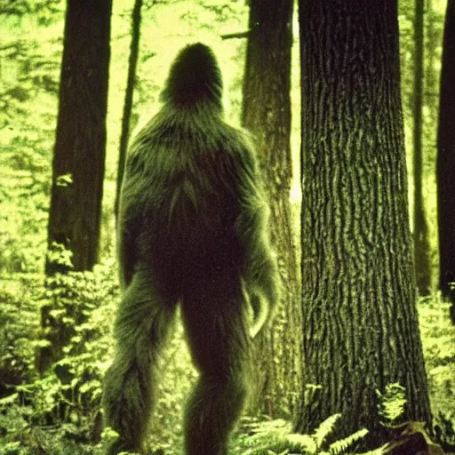 Image similar to 80s polaroid photo of bigfoot in the woods, profile view, very grainy, damaged film, candid flash photography