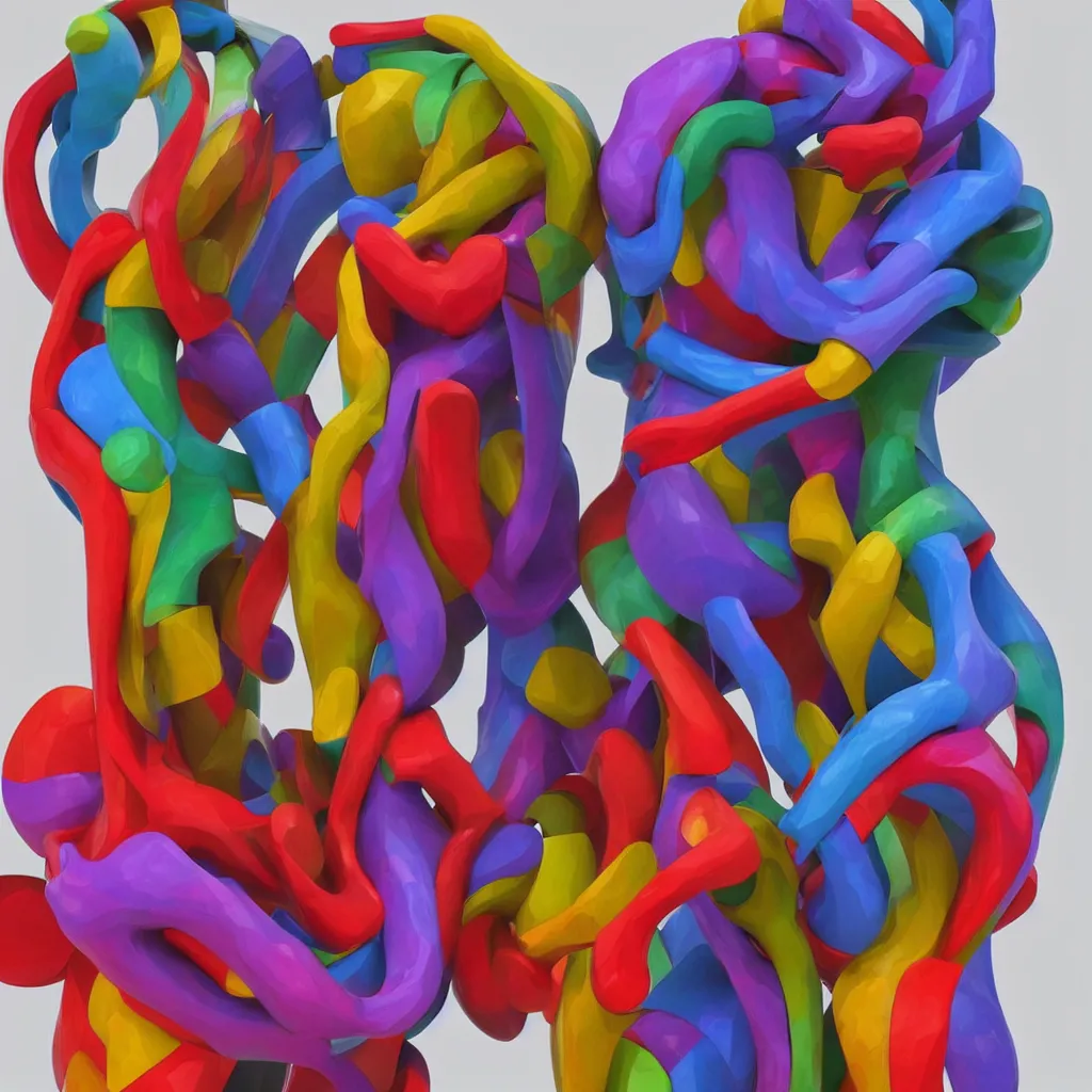 Prompt: a colorful sculpture of two lovers entwined , 3d render, abstract art in the style of cubsim and geogia o keefe,