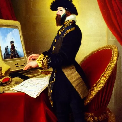 Image similar to russian tsar Peter The Great in tricorne hat and camisole, clean-shaven 18th century installs operating system on desktop computer oil painting, detailed, artfully traced, 4k resolution, cinematic, dramatic