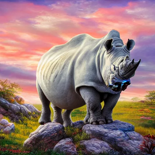 Image similar to a dreamy white rhinoceros posing triumphantly on a craggy rock outcropping at glorious sunrise, highly detailed, painted by sam nielson