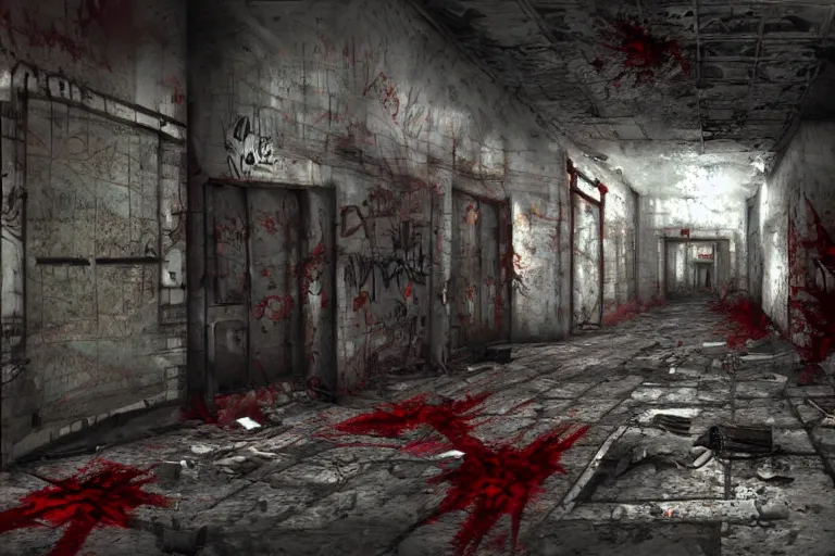 Image similar to Manhunt 3 asylum level concept art, 4k, photorealistic, hd, decrepit walls, falling tiles, graffiti, gritty, splash of dark red near an unconscious person