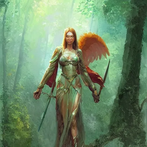 Image similar to a female angel warrior reigns on a magical forest, marc simonetti, detailed, artstation