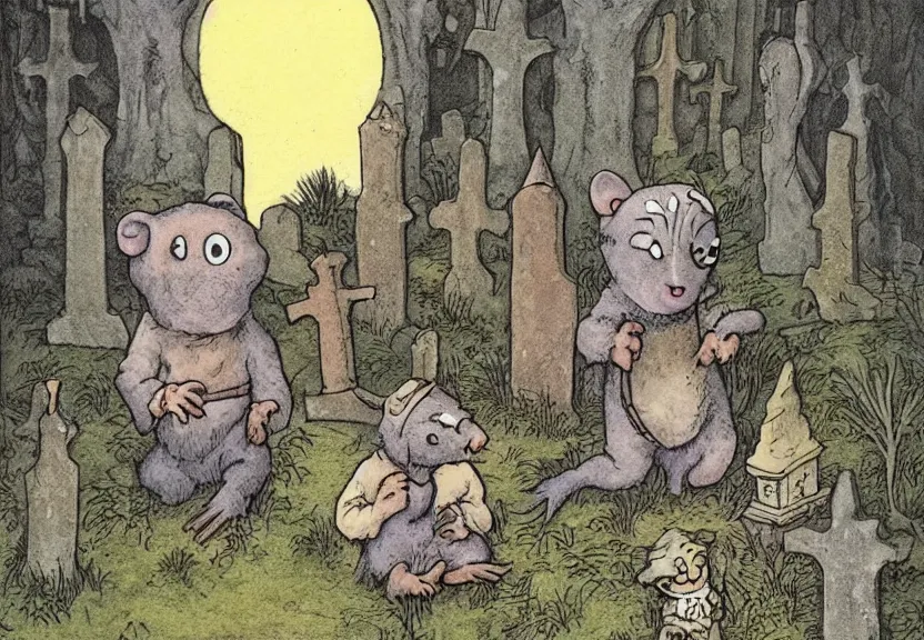 Image similar to possums dressed like a monk at a scary medieval cemetery in the middle of the forest at night, isometrical, highly detailed, by Maurice Sendak, colorized