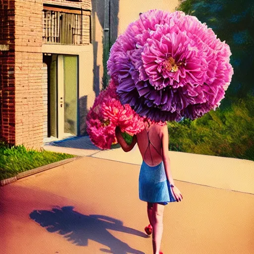 Image similar to giant carnation flower head, woman walking between luxury apartments, surreal photography, sunlight, impressionist painting, digital painting, artstation, simon stalenhag