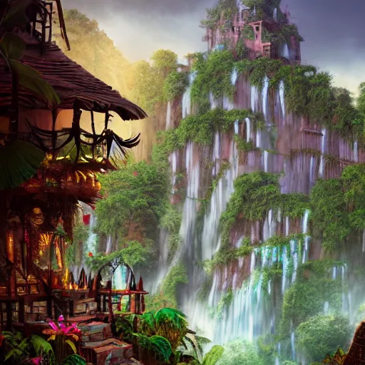 Image similar to aztec jungle village, ornate, beautiful, atmosphere, mist, vibe, smoke, beautiful, rain, reflection, pristine, puddles, waterfall, melting, dripping, wild look, mattepainting concept blizzard pixar maya engine splash comics global illumination lighting artstation, sharp focus, ilya kuvshinov, rossdraws