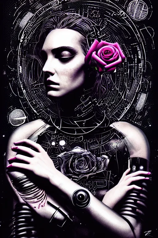 Image similar to dreamy cyberpunk space princess smelling a rose, abstract black leather, digital nodes, beautiful woman, detailed acrylic, grunge, intricate complexity, by dan mumford and by lee jeffries, peter lindbergh