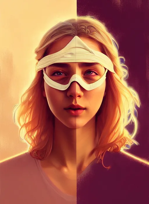 Prompt: blindfolded handsome young women with shoulder length blonde hair, symmetrical, half body shot, path traced, highly detailed, high quality, digital painting, alena aenami, lilia alvarado, shinji aramaki, karol bak, alphonse mucha, tom bagshaw