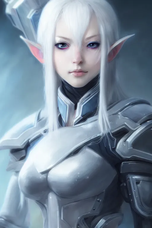 Image similar to perfect white haired girl, warframe armor, beautiful, dreamy, portrait, highly detailed, digital painting, trending on artstation, concept art, sharp focus, illustration, pretty face, blue eyes, sci - fi platform, front lit, laboratory, experiment, masterpiece, art by masayoshi tanaka, akihiko yoshida, kazuya takahashi