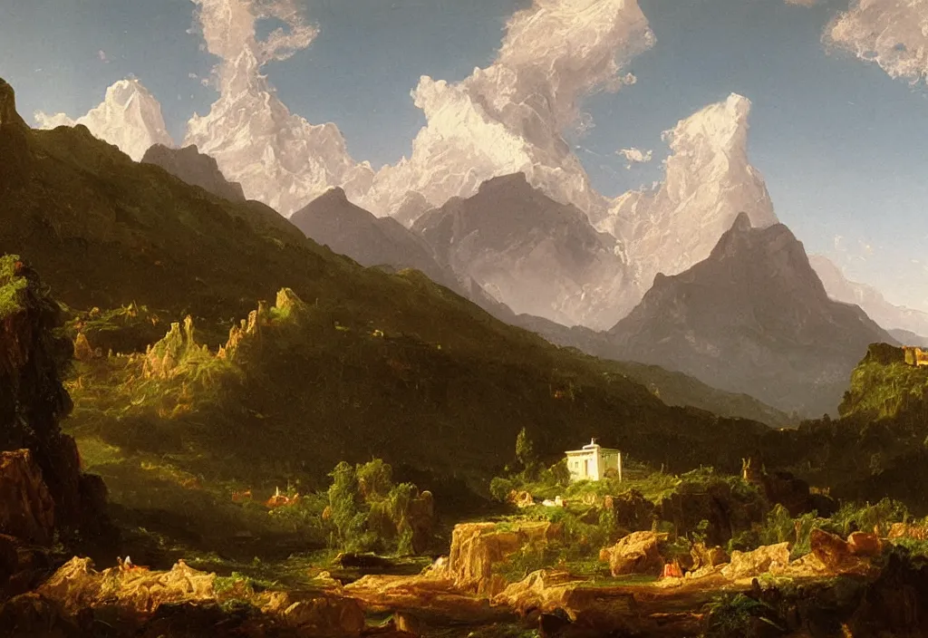 Image similar to painting of a rural town with mountains in the background, thomas cole