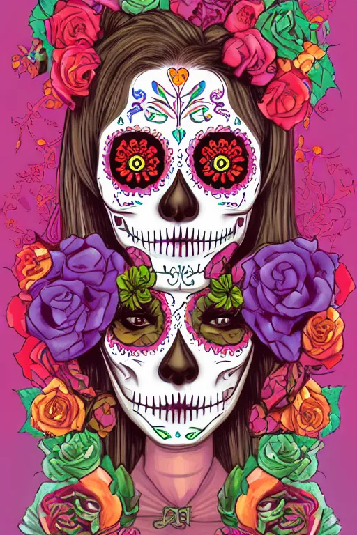 Prompt: illustration of a sugar skull day of the dead girl, art by lixin yin