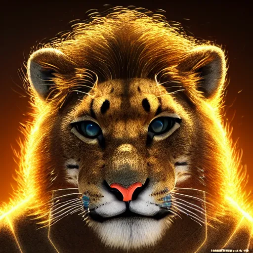 Image similar to mix of puma and jaguar and lion and tiger jumping over a cliff, giant cat monster, 8 k ultra realistic animal, detailed intricate fur, flame in the fur, full of colour, cinematic lighting, battered, trending on artstation, 4 k, hyperrealistic, focused, extreme details, unreal engine 5, cinematic, masterpiece, art by ayami kojima