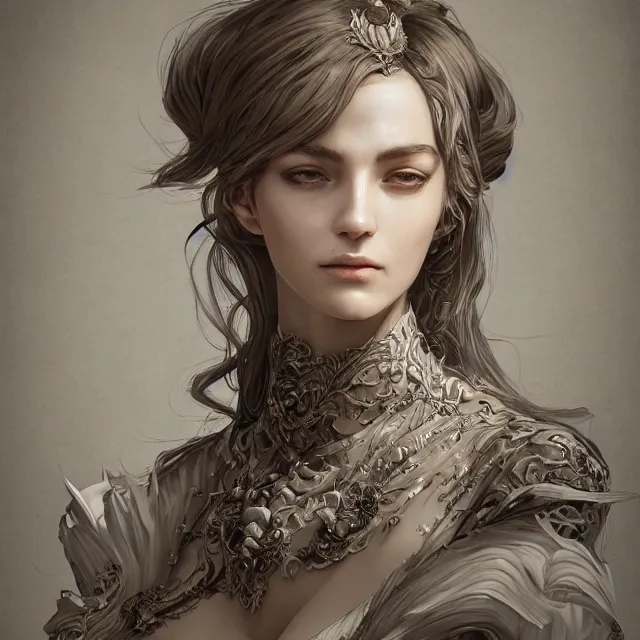 Prompt: a portrait of a lawful evil alignment personified as an absurdly beautiful, graceful, elegant, sophisticated, evil young sensual european woman, an ultrafine hyperdetailed illustration by kim jung gi, irakli nadar, detailed faces, intricate linework, octopath traveler, final fantasy, unreal engine 5 highly rendered, global illumination, radiant light, detailed and intricate environment