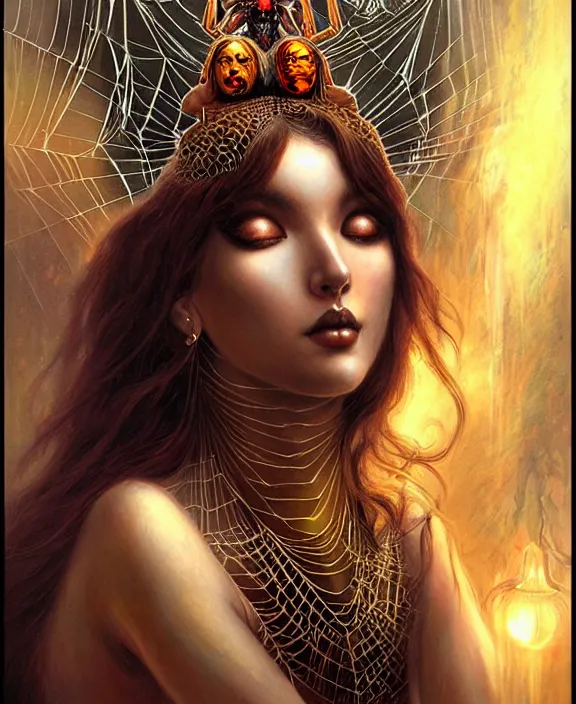 Prompt: spider goddess, ungodly horror, portrait, tarot card, ornate, digital art by artgerm and karol bak