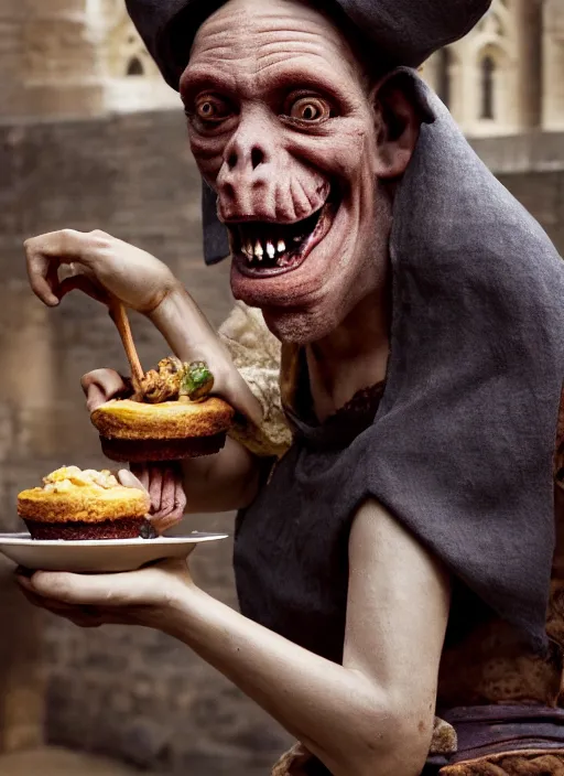 Image similar to closeup portrait of a medieval goblin eating cakes in the cloisters, depth of field, zeiss lens, detailed, symmetrical, centered, fashion photoshoot, by Annie Leibovitz and Steve McCurry, David Lazar, Jimmy Nelsson, Breathtaking, 8k resolution, extremely detailed, beautiful, establishing shot, artistic, hyperrealistic, beautiful face, octane render