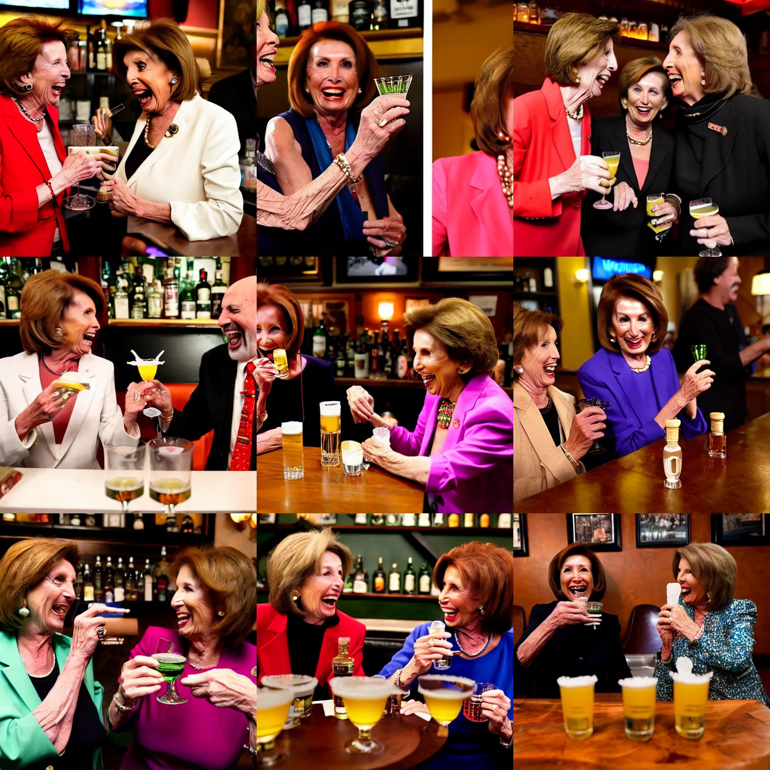 Prompt: cathie wood and nancy pelosi, laughing, while taking shots of tequila in a bar, with jim cramer on the wall television