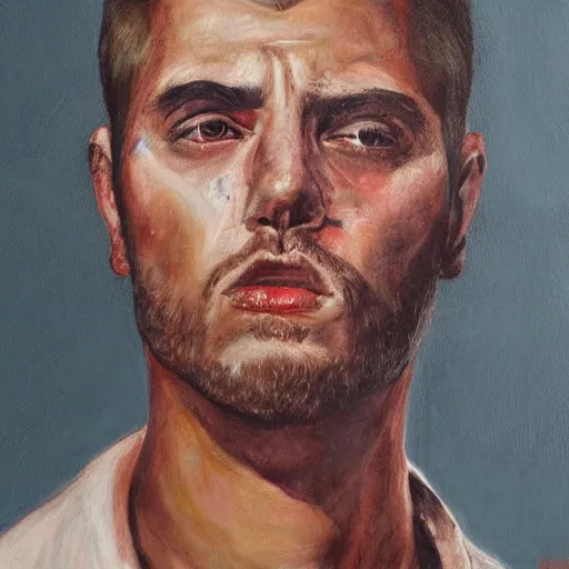 Prompt: a photorealistic painting of an attractive killer man