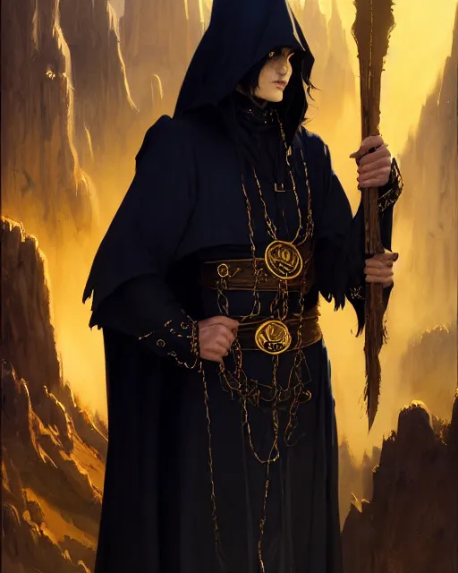 Image similar to handsome mage holding a tall stave, long black hair wearing gothic navy cloak with gold details, cave town, fantasy character portrait, ultra realistic, movie key visual, concept art, intricate details, highly detailed by greg rutkowski, ilya kuvshinov, gaston bussiere, craig mullins, simon bisley