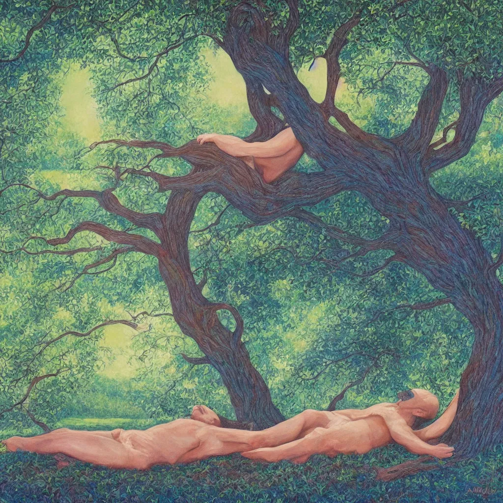 Image similar to painting of a peaceful man relaxing under a tree by alex grey, acrylic art, calm, soothing, cosy, elegant, soft light,