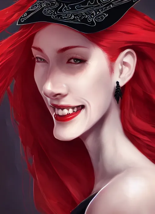 Prompt: a highly detailed illustration of red haired lady wearing black noir dress and black sun hat, dramatic smile pose, intricate, elegant, highly detailed, centered, digital painting, artstation, concept art, smooth, sharp focus, league of legends concept art, wlop.