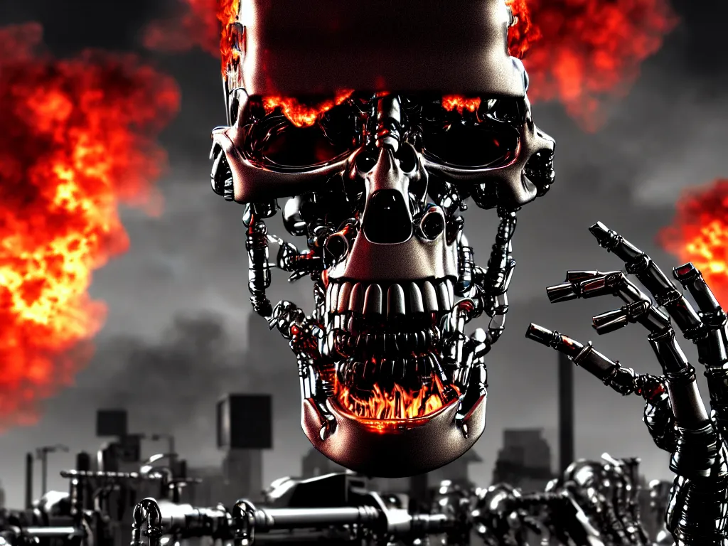 Image similar to terminator endoskeleton close up with a city street background, smoke, fi, chrome, shiny, reflective, metallic, 3 d, render, realistic, hdr, stan winston studios, dramatic lighting, flame colors bright