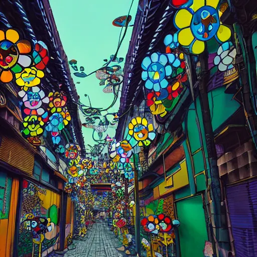 Image similar to a close up to a tokyo alley by takashi murakami, beeple and james jean, aya takano color style, 4 k, super detailed, modern, 4 k, symmetrical