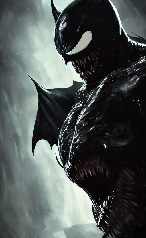 Image similar to venom as batman, dynamic lighting, photorealistic fantasy concept art, trending on art station, stunning visuals, terrifying, creative, cinematic