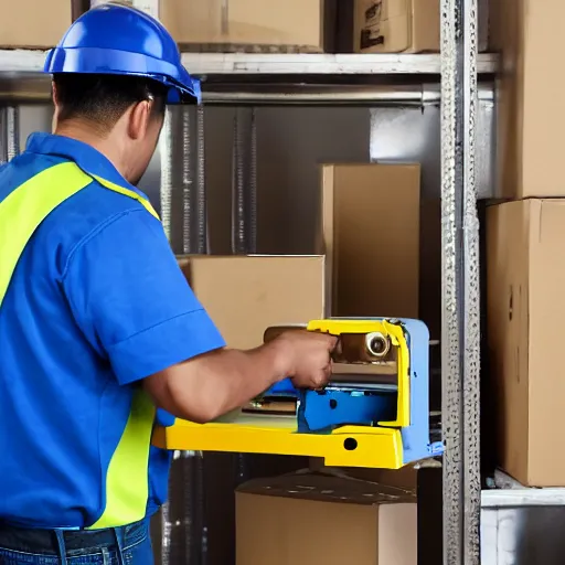 Prompt: a polaroid photo of man doing sort things into sort machines in lazada logistics warehouse, he's wearing blue cloth and construction hat,, photo from behind, highly details, perfect face shape, cinematic lighting,